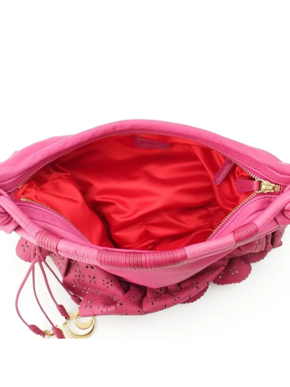 Dior Gypsy Leather Ruffle Hobo Shoulder Handbag Fuchsia Pink